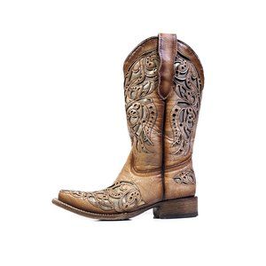 CORRAL Cowboy Square Toe Western Boots Antiqued Tan Metallic Inlay Women…